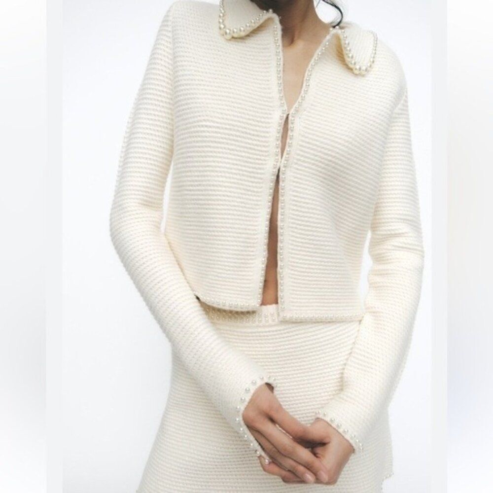 Zara Womens Sweater Xl Cream Textured Waffle Knit Pearl Cardigan 4737/100 Nwt